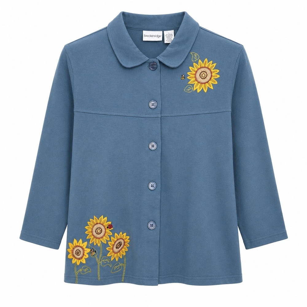 Breckenridge Womens L Blue Sunflower Embroidered Button Front Jacket Cottage